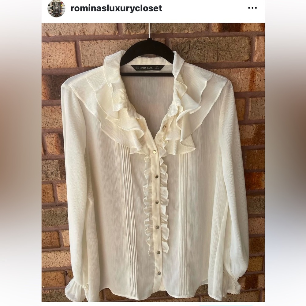 ZARA Ecru Romantic Chiffon Semi Sheer Ruffle Blouse
